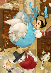 Rule 34 | 1girl, alice (alice in wonderland), alice in wonderland, beoseon, blue and white pottery, blue ribbon, board game, book, braid, brown hair, calligraphy brush, chest of drawers, cup, danghye, dominos, falling, flower, gat (korean traditional hat), hair ribbon, hanbok, hat, holding sleeves, jewelry box, korean clothes, mahjong, mahjong tile, nayoung wooh, open mouth, paintbrush, plum blossoms, pouring, rabbit, red footwear, ribbon, tapestry, teacup, teapot, twin braids, vase, wall hanging, white rabbit (alice in wonderland)