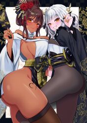 Rule 34 | 2girls, absurdres, ass, asymmetrical docking, bare shoulders, black kimono, blanc (nikke), blanc (white rabbit) (nikke), blush, bodystocking, breast press, breasts, brown hair, cleavage, dark-skinned female, dark skin, embarrassed, fang, flower, frills, goddess of victory: nikke, gold nails, hair flower, hair ornament, hairpin, hanetsuki, heart, highleg, highres, holding, ink, itsuki isshiki, japanese clothes, kimono, large breasts, looking at viewer, lower teeth only, medium breasts, multiple girls, nail polish, noir (black rabbit) (nikke), noir (nikke), official alternate costume, red flower, revealing clothes, siblings, sisters, skin fang, skindentation, smile, teeth, thighhighs, white hair, yellow eyes