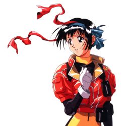 Rule 34 | 1girl, black eyes, black hair, gloves, hairband, hand on own chest, idol defense force hummingbird, jacket, looking away, looking back, non-web source, official art, parted lips, red jacket, short sleeves, simple background, solo, white background, white gloves, yamauchi noriyasu