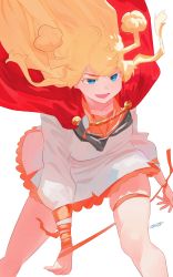 Rule 34 | 1girl, :d, absurdres, blonde hair, blue eyes, bound, bound wrists, cape, dress, floating cape, highres, leaning forward, legs apart, long hair, looking at viewer, open mouth, original, red cape, ryusei hashida, short dress, signature, simple background, smile, solo, standing, white background, white dress