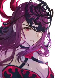 Rule 34 | 1girl, bare shoulders, blush, breasts, cleavage, closed mouth, commentary request, dress, expressionless, fascinator, fire emblem, fire emblem engage, flower, hair ornament, highres, ivy (fire emblem), large breasts, long hair, looking at viewer, mariirasuto7, mole, mole under mouth, nintendo, purple eyes, purple hair, rose, serious, sidelocks, simple background, solo, upper body, white background