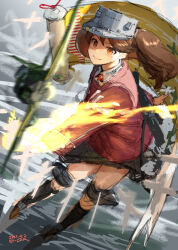 1girl 9-ga aircraft black_skirt black_socks brown_hair dated fire hat highres japanese_clothes kantai_collection kariginu kneehighs long_hair long_sleeves looking_at_viewer magatama orange_eyes pleated_skirt ryuujou_(kancolle) scroll shikigami signature sketch skirt socks solo twintails visor_cap water