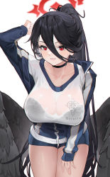 Rule 34 | 1girl, absurdres, arm up, black bra, black hair, black wings, blue archive, blue jacket, blue shorts, blush, bra, breasts, choker, commentary request, gym uniform, hair between eyes, halo, hasumi (blue archive), hasumi (track) (blue archive), highres, jacket, large breasts, large wings, leaning forward, long hair, long sleeves, looking at viewer, mole, mole under eye, open clothes, open jacket, ponytail, red eyes, see-through, shirt, shorts, simple background, sleeves past wrists, solo, standing, underwear, very long hair, wet, wet clothes, white background, white shirt, wings, zhudouzi