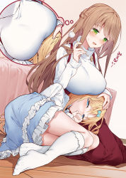 Rule 34 | 2girls, :d, bed, blonde hair, blue bow, blue eyes, blue skirt, blush, bow, braid, breasts, brown hair, commentary request, ear cleaning, frilled skirt, frills, green eyes, hair bow, half-closed eyes, holding, inconvenient breasts, kneehighs, lap pillow, large breasts, long hair, mimikaki, multiple girls, no shoes, on floor, open mouth, original, red skirt, sitting, skirt, smile, socks, sweat, sweater, thought bubble, thumb sucking, tokuno yuika, translation request, turtleneck, turtleneck sweater, very long hair, white legwear, white sweater, wooden floor, yokozuwari