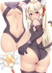 Rule 34 | 1girl, animal ear fluff, animal ears, ass, bare shoulders, black gloves, black thighhighs, blush, breasts, breath, cameltoe, cat ears, cat tail, collarbone, commentary request, elbow gloves, fang, fate/kaleid liner prisma illya, fate (series), from behind, fur collar, gloves, hair between eyes, hair ribbon, highres, illyasviel von einzbern, kuavera, long hair, looking at viewer, looking back, magical ruby, multiple views, navel, official alternate costume, open clothes, open mouth, red eyes, red ribbon, revealing clothes, ribbon, simple background, skindentation, small breasts, smile, standing, steam, tail, thighhighs, thighs, white background