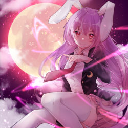 Rule 34 | 1girl, animal ears, black jacket, blazer, blurry, closed mouth, cloud, collared shirt, crescent, crescent pin, depth of field, full moon, hezi (measukivov), highres, jacket, light particles, long hair, long sleeves, looking at viewer, moon, necktie, outdoors, pink skirt, purple hair, rabbit ears, rabbit tail, red eyes, red necktie, reisen udongein inaba, shirt, skirt, smile, solo, tail, thighhighs, touhou, white shirt, white thighhighs