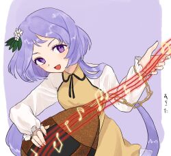 Rule 34 | 1girl, chunmarupi, dress, flower, hair flower, hair ornament, highres, holding, holding instrument, instrument, long hair, long sleeves, looking at viewer, musical note, purple eyes, purple hair, touhou, tsukumo benben, twintails, upper body, yellow dress