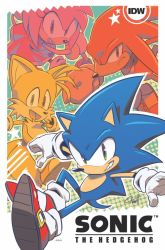 Rule 34 | 1girl, 3boys, amy rose, animal nose, artist name, copyright name, cover, cover page, echidna (animal), fox, furry, gloves, grin, hammer, hedgehog, idw publishing, knuckles the echidna, looking at viewer, multiple boys, official art, shoes, signature, smile, sneakers, sonic (series), sonic the hedgehog, sonic the hedgehog (idw), spiked gloves, tails (sonic), tyson hesse, watermark, white gloves