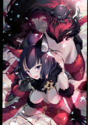 Rule 34 | 1girl, absurdres, all fours, alternate color, animal ear fluff, animal ears, bare shoulders, black hair, blue eyes, blush, bottomless, breasts, cleavage, collarbone, cosplay, elbow gloves, fate/grand order, fate (series), fingernails, fox ears, from above, fur-trimmed gloves, fur-trimmed legwear, fur bra, fur collar, fur trim, gloves, hair ornament, highres, katsushika hokusai (fate), kousaki rui, large breasts, looking at viewer, mash kyrielight, mash kyrielight (dangerous beast), mash kyrielight (dangerous beast) (cosplay), octopus, official alternate costume, open mouth, purple eyes, purple hair, scan, sharp fingernails, short hair, signature, smile, solo, tail, thighhighs, tokitarou (fate)