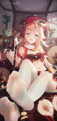 Rule 34 | 1girl, absurdres, antlers, boots, breasts, ceiling, chinese commentary, commentary request, crop top, crossed ankles, detached sleeves, english text, feet, foot focus, foreshortening, genshin impact, green eyes, hair between eyes, hand up, hat, highres, holding, holding leash, horns, icecake, indoors, leash, legs up, long hair, long sleeves, looking at viewer, midriff, navel, no shoes, pantyhose, pink hair, plant, potted plant, pov, red hat, sitting, small breasts, soles, solo, tongue, tongue out, unworn boots, viewer on leash, white pantyhose, yanfei (genshin impact)