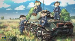 Rule 34 | 4boys, animal, beret, black hat, cigarette, day, fangs, furry, furry male, grasslands, hand on own hip, hat, kuronekodoji (artist), leo (tank), lion, looking at viewer, male focus, military, military uniform, military vehicle, motor vehicle, multiple boys, name connection, on vehicle, outdoors, own hands together, sitting, smile, standing, swedish flag, tail, tank, uniform, world of tanks