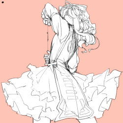 Rule 34 | 1girl, arm up, bow, color guide, dress, from side, gap (touhou), hair bow, hair over eyes, hat, long hair, magic, mob cap, monochrome, opening gap, perspective, pink background, simple background, sketch, solo, tabard, toriga naku, touhou, yakumo yukari