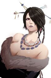 Rule 34 | 1girl, bare shoulders, black hair, braid, breasts, cleavage, closed mouth, dress, earrings, final fantasy, final fantasy x, hair ornament, hair over one eye, hair stick, highres, igusaharu, jewelry, large breasts, lipstick, long hair, looking at viewer, lulu (ff10), makeup, mole, mole under mouth, necklace, purple lips, red eyes, simple background, solo, white background