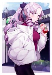 Rule 34 | 1girl, akikuriii, blush, border, breasts, closed mouth, cowboy shot, cup, day, drill hair, drinking straw, hair ribbon, hand in pocket, highres, holding, holding cup, hood, hood down, hooded jacket, hyakumantenbara salome, jacket, light smile, long hair, looking at viewer, medium breasts, nijisanji, open clothes, open jacket, outdoors, purple eyes, purple hair, red sweater, ribbon, solo, standing, sweater, virtual youtuber, white jacket