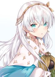Rule 34 | 1girl, anastasia (fate), bad id, bad twitter id, blue background, blue cape, blue eyes, blush, cape, crossed bangs, eyes visible through hair, fate/grand order, fate (series), from side, gradient background, hair between eyes, hairband, highres, holding, long hair, looking at viewer, looking to the side, nana kagura, parted lips, silver hair, solo, upper body