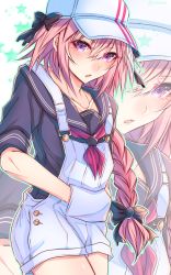 Rule 34 | 1boy, astolfo (fate), bad id, bad pixiv id, black bow, bow, braid, fang, fate/apocrypha, fate (series), hat, headgear, highres, long braid, long hair, looking at viewer, male focus, multicolored hair, open mouth, overalls, pink hair, purple eyes, shisei (kyuushoku banchou), single braid, streaked hair, suspenders, trap