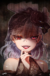 Rule 34 | 1girl, :d, artist name, bare shoulders, black flower, black rose, collarbone, eyelashes, flower, identity v, lace trim, lolita fashion, long sleeves, looking at viewer, official alternate costume, open mouth, portrait, red eyes, red lips, rose, see-through, short hair, silver hair, smile, solo, teeth, tempy (rinsia), upper teeth only, veil, vera nair