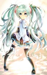Rule 34 | 1girl, aqua eyes, aqua hair, bad id, bad pixiv id, boots, checkered floor, detached sleeves, floor, hatsune miku, headset, highres, long hair, necktie, skirt, smile, solo, thigh boots, thighhighs, tie clip, twintails, very long hair, vocaloid