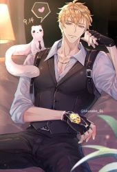 Rule 34 | 1boy, alternate costume, bags under eyes, blonde hair, collared shirt, fingerless gloves, gloves, heart, jewelry, kkusako, looking at viewer, male focus, muscular, muscular male, nu carnival, quincy (nu carnival), shirt, short hair, sitting, smile, solo, sparkle, weasel, yellow gemstone