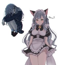 Rule 34 | 1girl, alternate costume, animal ears, apron, arms on knees, bang dream!, bang dream! it&#039;s mygo!!!!!, bell, black bow, blue hair, blue serafuku, blue skirt, blush, bow, breasts, cat ears, chromatic aberration, enmaided, frills, hair ribbon, highres, jingle bell, knees to chest, loafers, long hair, long sleeves, looking at viewer, maid, maid apron, maid headdress, medium breasts, multiple views, neck bell, parted lips, plaid, plaid skirt, pleated skirt, ppora, ribbon, sad, school uniform, serafuku, shoes, short sleeves, skirt, socks, thighs, togawa sakiko, tsukinomori school uniform, two side up, white background, white ribbon, white socks, yellow eyes