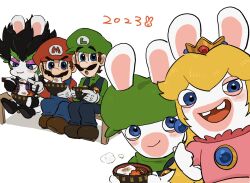 Rule 34 | 2023, 2girls, 3boys, animal ears, black hair, blonde hair, blue eyes, blue overalls, brooch, buck teeth, crossover, crown, eating, edge (mario + rabbids), facial hair, hat, highres, jewelry, luigi, mario, mario (series), mario + rabbids sparks of hope, mimimi (mimimim9999), multiple boys, multiple girls, mustache, nintendo, overalls, rabbid, rabbid luigi, rabbid peach, rabbit ears, raving rabbids, teeth