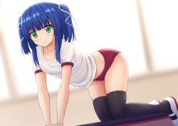 Rule 34 | 10s, 1girl, all fours, black thighhighs, blue hair, blurry, blurry background, blush, breasts, buruma, closed mouth, collarbone, commentary, day, depth of field, dutch angle, green eyes, gym uniform, highres, indoors, kagimura hazuki, kazenokaze, looking at viewer, maerchen maedchen, medium breasts, red buruma, shirt, shoes, short hair with long locks, short sleeves, sidelocks, smile, solo, sunlight, thighhighs, thighs, two side up, uwabaki, white footwear, white shirt, window
