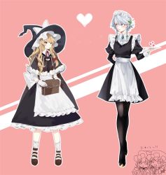 Rule 34 | 4girls, apron, bad id, bad twitter id, bag, bat wings, black capelet, black dress, black footwear, black hat, black legwear, blonde hair, blue eyes, blush, bow, braid, breasts, brooch, brown footwear, capelet, chibi, chibi inset, clenched hands, commentary request, dress, fang, flandre scarlet, frilled apron, frills, full body, fur trim, gloves, green ribbon, hair between eyes, hair bow, hair ribbon, hat, hat bow, heart, height difference, highres, holding, holding bag, holding tray, izayoi sakuya, jewelry, juliet sleeves, kirisame marisa, lipstick, long hair, long sleeves, maid, maid apron, maid headdress, makeup, medium breasts, mob cap, multiple girls, neck ribbon, open mouth, outline, pantyhose, parted lips, petticoat, pink background, pink lips, pointy ears, puffy sleeves, red bow, red ribbon, remilia scarlet, ribbon, shoes, short hair, siblings, sidelocks, silver hair, simple background, single braid, sisters, socks, souta (karasu no ouchi), standing, thighs, touhou, translation request, tray, twin braids, waist apron, white apron, white bow, white gloves, white legwear, white outline, wing collar, wings, witch hat, yellow eyes