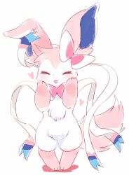 Rule 34 | bow, choko (sweetpocket), creatures (company), game freak, gen 6 pokemon, happy, heart, highres, nintendo, no humans, open mouth, pink eyes, pokemon, pokemon (creature), ribbon, simple background, smile, solo, standing, sylveon, tail, white background