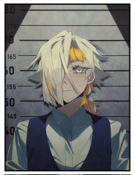 Rule 34 | 1girl, black vest, blonde hair, border, closed mouth, collared shirt, commentary request, corrupted twitter file, dress shirt, hair over one eye, height mark, highres, kromer (project moon), limbus company, long hair, looking at viewer, mugshot, multicolored hair, one eye covered, project moon, shirt, shouzuo, solo, two-tone hair, vest, white border, white hair, white shirt, wing collar, yellow eyes