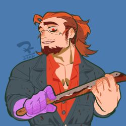 Rule 34 | 1boy, all saints street (style), bags under eyes, bara, blood, blue background, boogeyman (housamo), brown hair, chibi, collared shirt, colored skin, dk (den ai d), facial hair, goatee, highres, holding, holding weapon, jacket, long hair, long sideburns, male focus, mature male, multicolored hair, muscular, muscular male, open clothes, open jacket, open shirt, parody, pectoral cleavage, pectorals, purple skin, red eyes, shirt, sideburns, simple background, smile, solo, style parody, tokyo houkago summoners, two-tone hair, upper body, wansheng jie, weapon