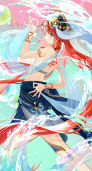 Rule 34 | 1girl, absurdres, aqua eyes, arm behind back, armlet, back tattoo, bare arms, bare back, bare shoulders, bracelet, double ok sign, floating hair, genshin impact, hand up, highres, horns, jewelry, leg up, long hair, looking at viewer, median furrow, multicolored background, nilou (genshin impact), ok sign, profile, red hair, see-through, tattoo, thighs, twintails, veil, very long hair, vision (genshin impact), water, white headwear, zhaizhai wudong xiaoyu binggan