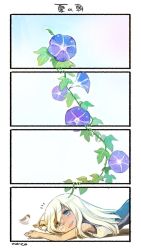Rule 34 | 10s, 1girl, 4koma, artist name, bird, blonde hair, blue eyes, blush, border, comic, crop top, drooling, empty eyes, flower, fourth wall, gradient background, hair flower, hair ornament, kantai collection, long hair, lying, morning glory, nonco, nose bubble, open mouth, plant, ro-500 (kancolle), school swimsuit, sleepy, smile, solo, sparrow, swimsuit, swimsuit under clothes, tan, translation request, vines