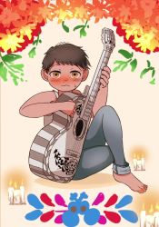 Rule 34 | 1boy, animated, barefoot, blush, child, coco (disney), full-face blush, guitar, instrument, male focus, miguel rivera, playing, solo, tapping foot, video