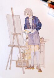Rule 34 | 1boy, art tools in frame, blue jacket, box, brown footwear, buttons, canvas (object), chinese commentary, closed mouth, collared shirt, easel, full body, grey hair, grey shorts, holding, holding paintbrush, jacket, long sleeves, male focus, mengxiaheqing, original, paint, paint tube, paintbrush, palette (object), photo (medium), shirt, shirt tucked in, shoes, short hair, shorts, socks, solo, standing, table, test tube, traditional media, trowel, wavy hair, white shirt, white socks