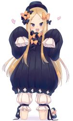 Rule 34 | 1girl, abigail williams (fate), absurdres, black bow, black dress, black footwear, black headwear, blonde hair, bloomers, blue eyes, blush, bow, dress, fate/grand order, fate (series), forehead, hair bow, heart, highres, kneeling, long hair, long sleeves, looking at viewer, open mouth, orange bow, parted bangs, ribbed dress, simple background, sleeves past fingers, sleeves past wrists, smile, solo, uhouhogorigori, underwear, white background, white bloomers