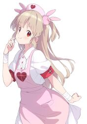 Rule 34 | 1girl, apron, bandaged arm, bandaged wrist, bandages, breasts, commentary request, hair ornament, hat, heart, highres, kanzaki hiro, light brown hair, natori sana, nurse cap, pink apron, pink hat, puffy short sleeves, puffy sleeves, rabbit hair ornament, red eyes, sana channel, short sleeves, small breasts, smile, solo, two side up, virtual youtuber
