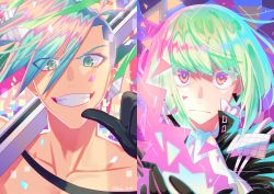 Rule 34 | 2boys, absurdres, ascot, black gloves, blue eyes, blue hair, colored eyelashes, colorful, fire, galo thymos, gloves, green eyes, green fire, green hair, grin, highres, lio fotia, male focus, multicolored eyes, multicolored hair, multiple boys, nekohai darake, pointing, pointing at self, promare, purple eyes, purple fire, purple hair, pyrokinesis, smile