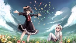 Rule 34 | 2girls, black dress, black hair, blue flower, blue sky, bow, bowtie, cloud, commentary request, copyright name, day, dress, field, fisheye, flower, flower field, frilled dress, frills, full body, garter straps, head wreath, highres, kerberos blade, lens flare, long hair, looking at another, medium hair, multiple girls, open mouth, outstretched arms, petals, red bow, red bowtie, red eyes, red flower, shimada sarasara, shirt, short sleeves, sitting, sky, smile, standing, thighhighs, white hair, white legwear, white shirt, yellow flower