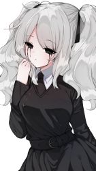Rule 34 | 1girl, artist request, black eyes, black hair, character name, creepypasta, crying, dress, highres, pale skin, sasseo kim (kyone burst), self-upload, short twintails, solo, source request, twintails, white hair