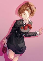 Rule 34 | 1girl, adjusting footwear, black jacket, black skirt, bow, bowtie, breasts, brown hair, digital media player, foot out of frame, gekkoukan high school uniform, hair ornament, hand on wall, headphones, holding, holding shoes, jacket, leaning on object, leaning to the side, loafers, long sleeves, looking at self, looking down, medium breasts, online neet, parted lips, persona, persona 3, persona 3 portable, pink background, ponytail, red bow, red bowtie, red eyes, red headphones, school uniform, shadow, shiomi kotone, shirt, shoes, short ponytail, simple background, skirt, socks, solo, white shirt, white sleeves, white socks