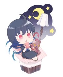 Rule 34 | 1girl, absurdres, ahoge, asymmetrical wings, black dress, black hair, blue wings, bogyaku no m, buttons, center frills, chibi, crescent, cup, cushion, doll, dress, frills, highres, holding, holding cup, houjuu nue, moon, night, open mouth, red eyes, red wings, short hair, short sleeves, sitting, star (sky), stuffed animal, stuffed toy, teddy bear, touhou, upres, wings