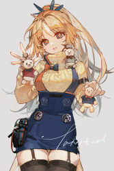 Rule 34 | 1girl, aran sweater, arknights, bear, black thighhighs, blonde hair, blue skirt, buttons, cable knit, ciloranko, cowboy shot, doll, dress, english text, facing viewer, feather hair, feather hair ornament, feathers, garter straps, grey background, hair ornament, high-waist skirt, highres, long hair, looking at viewer, miniskirt, mole, mole under eye, open mouth, pencil skirt, pinecone (arknights), ponytail, shirt, simple background, skindentation, skirt, solo, standing, sweater, thigh gap, thighhighs, thighs, zettai ryouiki