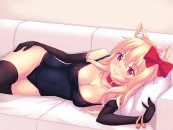 Rule 34 | 1girl, animal ear fluff, animal ears, bare shoulders, black gloves, black one-piece swimsuit, black thighhighs, blonde hair, bow, breasts, cat ears, collar, collarbone, couch, covered navel, elbow gloves, eyebrows, gloves, hair bow, hand on own hip, highres, kemonomimi mode, looking at viewer, lying, medium breasts, naala, nottytiffy, on couch, on side, one-piece swimsuit, original, pillow, red bow, red eyes, school swimsuit, solo, swimsuit, thighhighs, tiffy (nottytiffy)