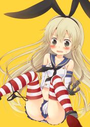 Rule 34 | 10s, 1girl, blonde hair, brown eyes, crying, crying with eyes open, elbow gloves, gloves, hair ornament, hair ribbon, kantai collection, long hair, microskirt, midriff, navel, panties, pantyshot, personification, ribbon, shimakaze (kancolle), siva, skirt, smile, solo, striped clothes, striped thighhighs, tears, thighhighs, underwear, upskirt