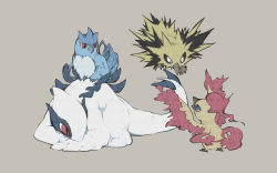 Rule 34 | articuno, bird, bird on back, bokuhitu, creatures (company), fighting, flying, game freak, gen 1 pokemon, gen 2 pokemon, legendary pokemon, looking at another, looking to the side, lugia, lying, moltres, nintendo, no humans, pokemon, pokemon (creature), simple background, zapdos