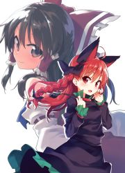 Rule 34 | 2girls, alternate hairstyle, animal ears, bad id, bad pixiv id, black hair, blush, braid, cat ears, commentary request, detached sleeves, dress, extra ears, grey eyes, hair ornament, hair ribbon, hair tubes, hakurei reimu, japanese clothes, kaenbyou rin, long hair, long sleeves, looking at viewer, miko, multiple girls, open mouth, puffy sleeves, red eyes, red hair, ribbon, sawayaka samehada, simple background, smile, touhou, tress ribbon, twin braids, white background, wide sleeves