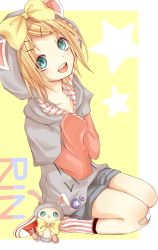 Rule 34 | 1girl, :d, animal hood, aqua eyes, bad id, bad pixiv id, bandaid, bandaid on knee, bandaid on leg, blonde hair, bow, from side, hair ornament, hairclip, hood, hoodie, kagamine rin, kouko, open mouth, ryouka (nm0407), seiza, short hair, sitting, smile, socks, solo, star (symbol), starry background, striped clothes, striped legwear, striped socks, vertical-striped clothes, vertical-striped legwear, vertical-striped socks, vocaloid, yellow background