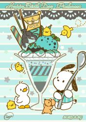 Rule 34 | absurdres, bird, black bow, black bowtie, bow, bowtie, dated, dog, duck, flag, food, highres, holding, holding spoon, holding utensil, ice cream, ice cream spoon, mint chocolate, mouse (animal), no humans, oversized food, oversized object, pochacco, pocky, rome (roma0618), sanrio, spoon, star (symbol), striped, striped background