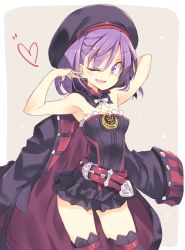 Rule 34 | 1girl, armpits, bare shoulders, belt, blush, detached sleeves, fate/grand order, fate (series), hat, helena blavatsky (fate), helena blavatsky (third ascension) (fate), jacket, looking at viewer, one eye closed, open mouth, purple eyes, purple hair, satou kibi, sefirot, short hair, sketch, smile, solo, strapless, thighhighs