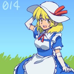 Rule 34 | 1girl, :d, apron, arm at side, arm up, blonde hair, blue dress, blue sky, breasts, clothes lift, day, dress, dress lift, elbow gloves, eyebrows, frilled apron, frilled dress, frills, gloves, grass, hat, hat ribbon, kana anaberal, lifting own clothes, maid apron, medium breasts, open mouth, outdoors, puffy short sleeves, puffy sleeves, red ribbon, ribbon, shikido (khf), short hair, short sleeves, sky, smile, solo, sun hat, teeth, touhou, touhou (pc-98), waist apron, white apron, white gloves, white hat, yellow eyes